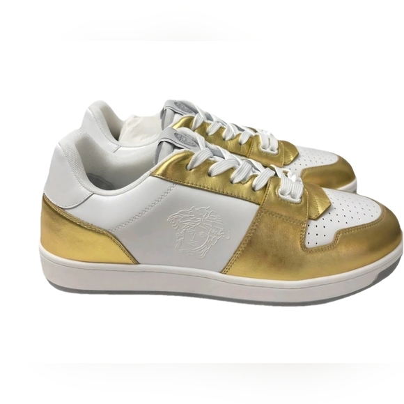 Versace Gold Medusa Logo Laminated Leather Sneakers EU 43.5 US Men's Size 10.5 - Picture 2 of 12